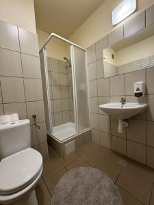 a bathroom with a toilet and a shower and a sink at WOSiR Szelment in Jeleniewo +32 photos