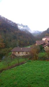 una casa en una colina con un campo verde en Hostal Puente Deva, en Espinama