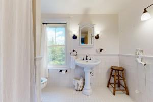 un bagno bianco con lavandino e WC di Acadia Lights Cottage a Sullivan Altre 19 foto