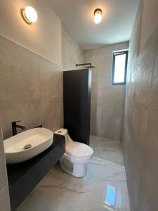 a bathroom with a white toilet and a sink at Ejecutiva Frac privado Nueva alberca 50MB Factura in La Orilla