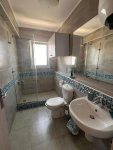 a bathroom with a toilet and a shower and a sink at Spacious 3BR Apartment w Rooftop Terrace Jacuzzi in Ras Elhekma +12 photos