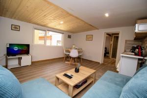 a living room with a couch and a tv and a table at Swan7 Studios in Plovdiv