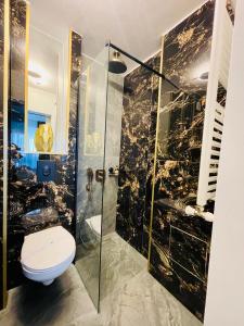 ブカレストにあるMetropole Apartments Central Cityのトイレとガラスのシャワー付きのバスルーム