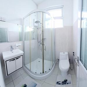 Un baño blanco con ducha y WC. en Couple Perfect - Lovely New 1-Bedroom Apartment, en Réunion