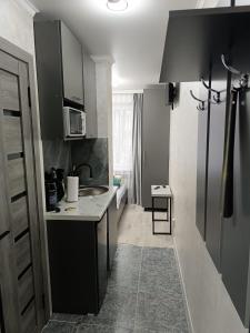 a small kitchen with black cabinets and a sink at Apart 41 in Almaty +10 photos