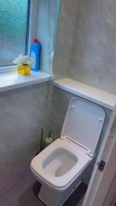 a bathroom with a white toilet and a window at Double Room XX Manchester in Manchester