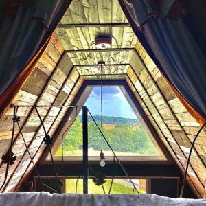 a large window in the ceiling of a tent at Sparrow Cabin Hot Tub in Barham +6 photos