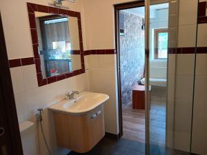 a bathroom with a sink and a shower at Casa do Marinheiro in Sesimbra