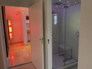 a glass door to a bathroom with a walk in shower at De Kastanje 5-persoons met overdekte lounge en hottub, barrelsauna, stoomsauna, ligbad, sunshower, wifi in Lievelde +35 photos