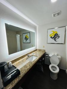 a bathroom with a sink and a toilet and a mirror at Comfort Suites Terre Haute University Area in Terre Haute