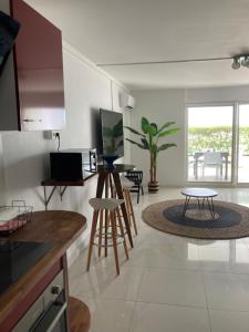 TV a/nebo společenská místnost v ubytování Appartement PIEDS DANS L'EAU VUE MER ACCES PLAGE ET PISCINE