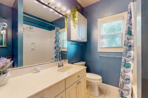 een blauwe badkamer met een wastafel en een toilet bij Natural Wonder in Edisto Island +31 foto's