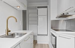 Frederiksbergにある2 Bedroom Cozy Apartment In Randers Svのシンクと冷蔵庫を備えた白いキッチン
