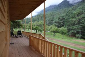 Rancho Agua BlancaCabañas Los Alpes Campestres的小屋的门廊享有山景