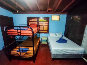 a small room with two bunk beds and a swan on the bed at CocoHouse Leon in León