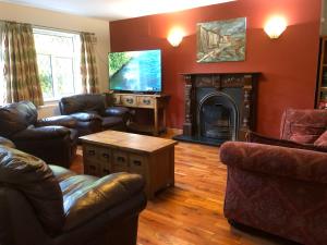 Una sala de estar con muebles de cuero y chimenea. en Long Acre, Holiday rental in Central Manorhamilton, Leitrim, en Leitrim