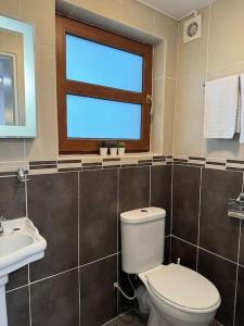 a bathroom with a toilet and a sink and a window at 7 Person home With HOT TUB in Blackwater +34 photos