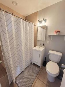 a bathroom with a toilet and a shower curtain at Spacious & Immaculate Haven near Downtown SD in San Diego +21 photos