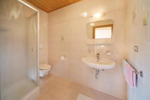 カレッツァ・アル・ラーゴにあるGasthof Meiereiのバスルーム(洗面台、トイレ、シャワー付)