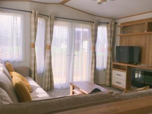 a living room with a couch and a tv at Carlisle CAMELOT HOLIDAY PARK CA65SZ Blenheim in Longtown