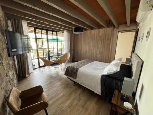 a bedroom with a bed and a tv and a chair at Casa Frida con Piscina Privada Caliente, Aire Acondicionado, Billar, Parrilla & FirePit in San Miguel de Allende