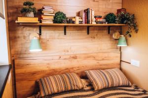 a room with two pillows and books on a wall at Eco House Uman in Umanʼ
