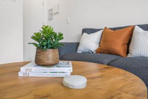 a plant sitting on top of books on a table at Executive Beachside Getaway in Maroochydore +8 photos