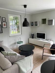 TV a/nebo společenská místnost v ubytování Reetdach Ferienhaus Anni