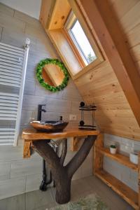 a bathroom in a log cabin with a sink at Casuta Armonia in Moisei