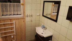 a bathroom with a sink and a mirror at Mazurskie Wzgórze in Rydzewo