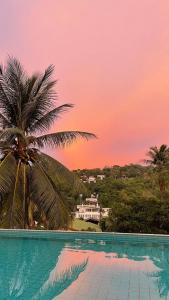 a pool with a palm tree and a pink sky at Gee Resort in Ko Tao