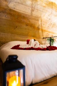 A bed or beds in a room at Le temps suspendu, Nuit sous la roche & jacuzzi