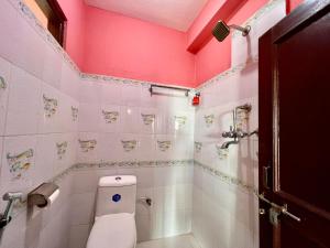 カトマンズにあるKathmandu Valley View Homestayのピンクの壁のバスルーム(トイレ付)