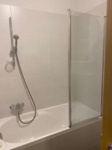 eine Dusche mit Glastür im Badezimmer in der Unterkunft Apartment Angela with private garage slot in Pula + 10 Fotos