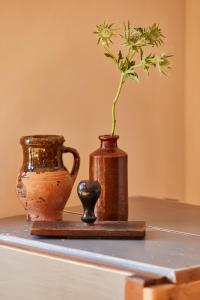 deux vases et une plante sur une table dans l'établissement Yarn - Romy Deluxe Apartment, à Ballycastle