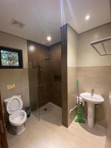 un bagno con wc, doccia e lavandino di Cristina's Holiday Home a Amadeo