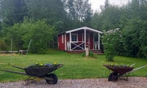 斯韦格Ferienhäuschen MD Sportfiske的一个有红色棚子和两辆手推车的花园