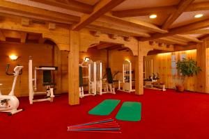 einen Fitnessraum mit mehreren Laufbändern und Trainingsgeräten in der Unterkunft Ferienwohnungen Kurhotel Eichinger in Bad Wörishofen
