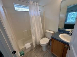 a bathroom with a toilet and a shower and a sink at A Hidden Gem Southern Dunes Villa Golf Views in Haines City