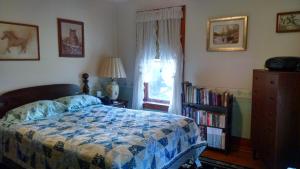 a bedroom with a bed and a book shelf and a window at Fish & Loaves Bed and Breakfast in Numidia