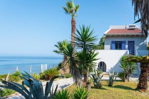 a house with a palm tree in front of the ocean at Casa Azzura in Mytikas