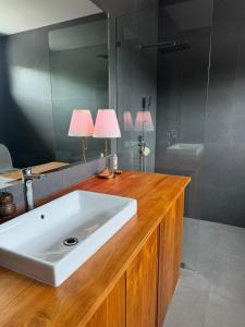 a bathroom with a sink and two lamps on a counter at Muse&Mingle Contemporary Beachfront Loft in Chaloklum +25 photos