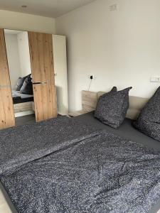 a bedroom with a large bed and a mirror at Ferienwohnung im Spessart-Steinbach in Lohr
