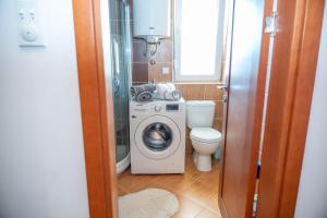 a bathroom with a washing machine and a toilet at Flowers Oasis Studio Vrnjačka Banja in Vrnjačka Banja +7 photos