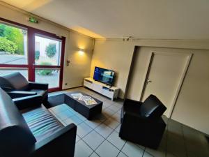 a living room with a couch and chairs and a tv at La Clef des Champs - Proche Colmar in Biesheim