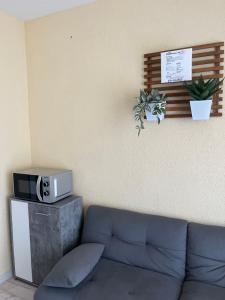 Una sala de estar con un sofá y un televisor. en Ferienwohnung Tina, en Burgkunstadt 11 fotos más