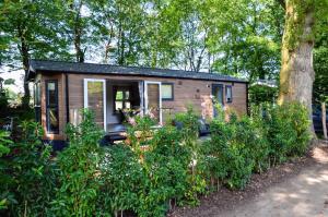 a tiny house in the middle of a garden at Gezellig vakantiechalet in bosrijke omgeving op de Veluwe in Epe