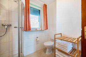 格拉绍Ferienwohnung 3的带淋浴和卫生间的浴室以及窗户。 更多26张照片