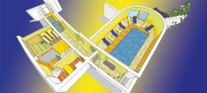 フェルデン・アム・ヴェルターゼーにあるBarry Memle Directly at the Lakeのプール付きの家のイラスト