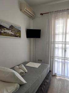 a bedroom with a bed and a television and a window at Agali Apartments in Tinos